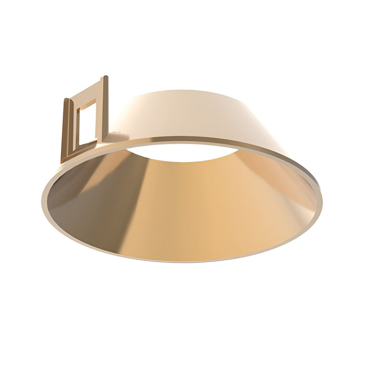 Presented against a plain white background, the Glistenis Reflector Round Frame 64mm in gold is a conical lampshade with a square bracket at the top for easy attachment.