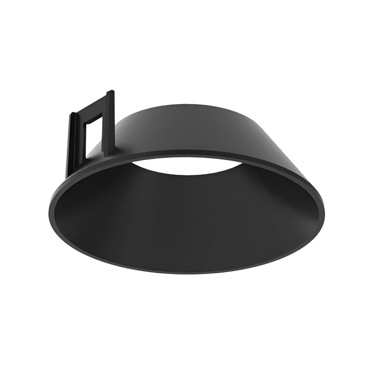 Viewed from below, the Glistenis Reflector Round Frame 64mm - Black features a conical design with a rectangular attachment structure at the top. Its minimalist and modern aesthetic is perfect for contemporary interiors, enhancing these spaces with its sleek simplicity.