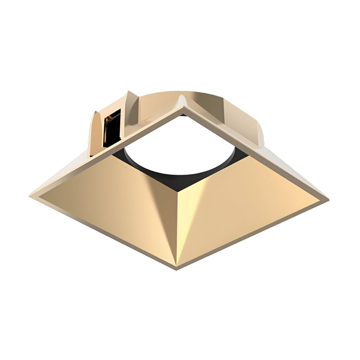 Introducing the Glistenis Reflector Square Frame 64mm in Gold: a contemporary recessed ceiling light with a stunning geometric design. This square-shaped fixture boasts a wide border with a black inner ring, set at an upward angle against a white background, all finished in lustrous gold.