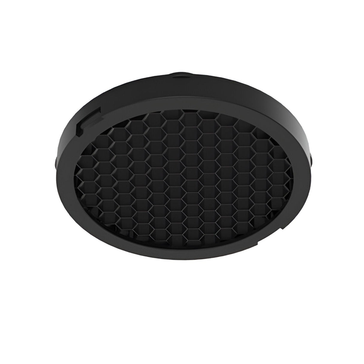 A round black item featuring a honeycomb grid pattern shimmers subtly, akin to a vent or filter. Its elegant black coating facilitates efficient airflow or light diffusion via hexagonal cells evenly spread across the surface, resembling the Glistenis Small Downlight Honeycomb - Black.