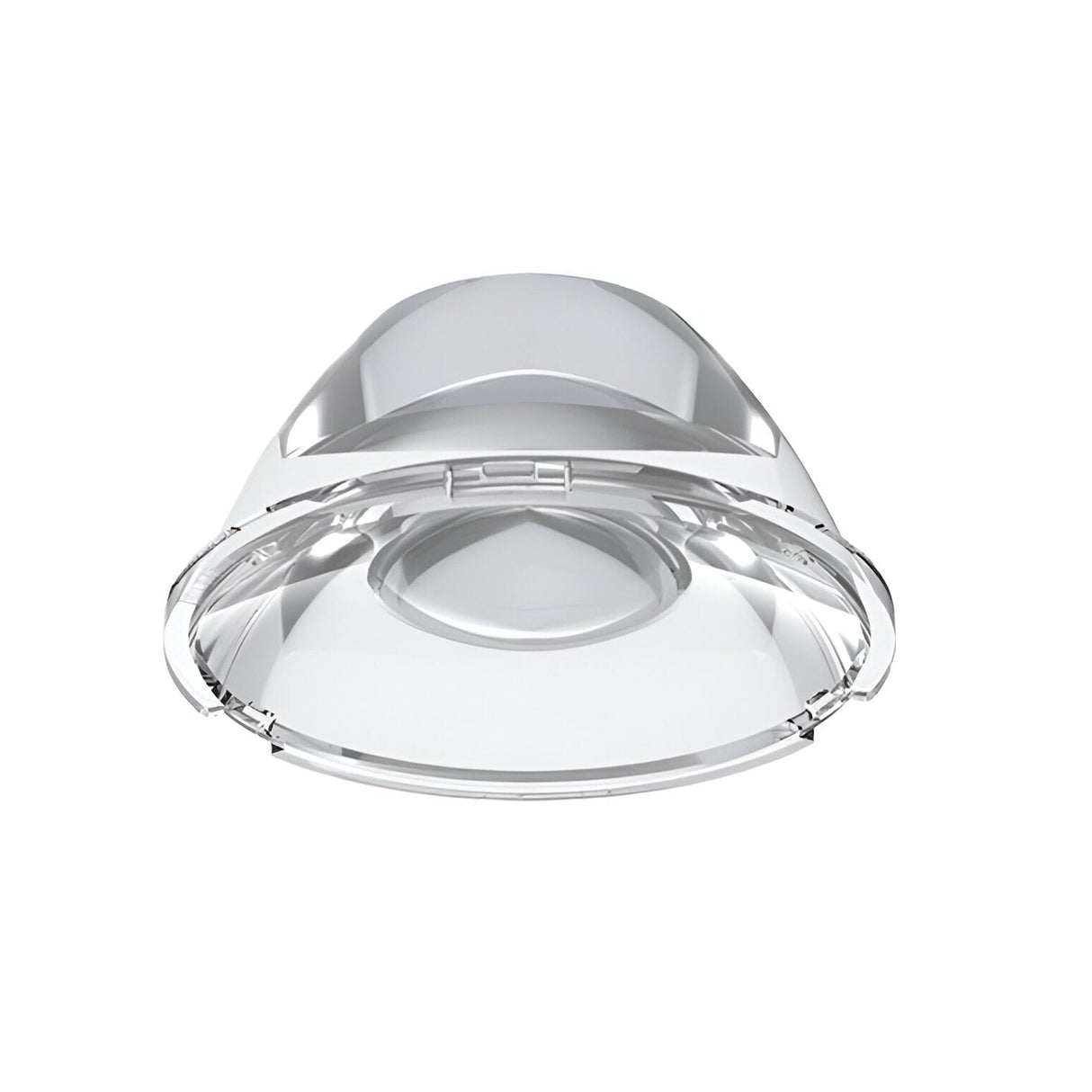 Introducing the Glistenis Downlight Lens - 20°, 30mm: a transparent, dome-shaped glass lampshade with a smooth surface and a central opening designed for downlighting. When viewed from below, it precisely reflects light with a 20° beam angle to create subtle highlights.