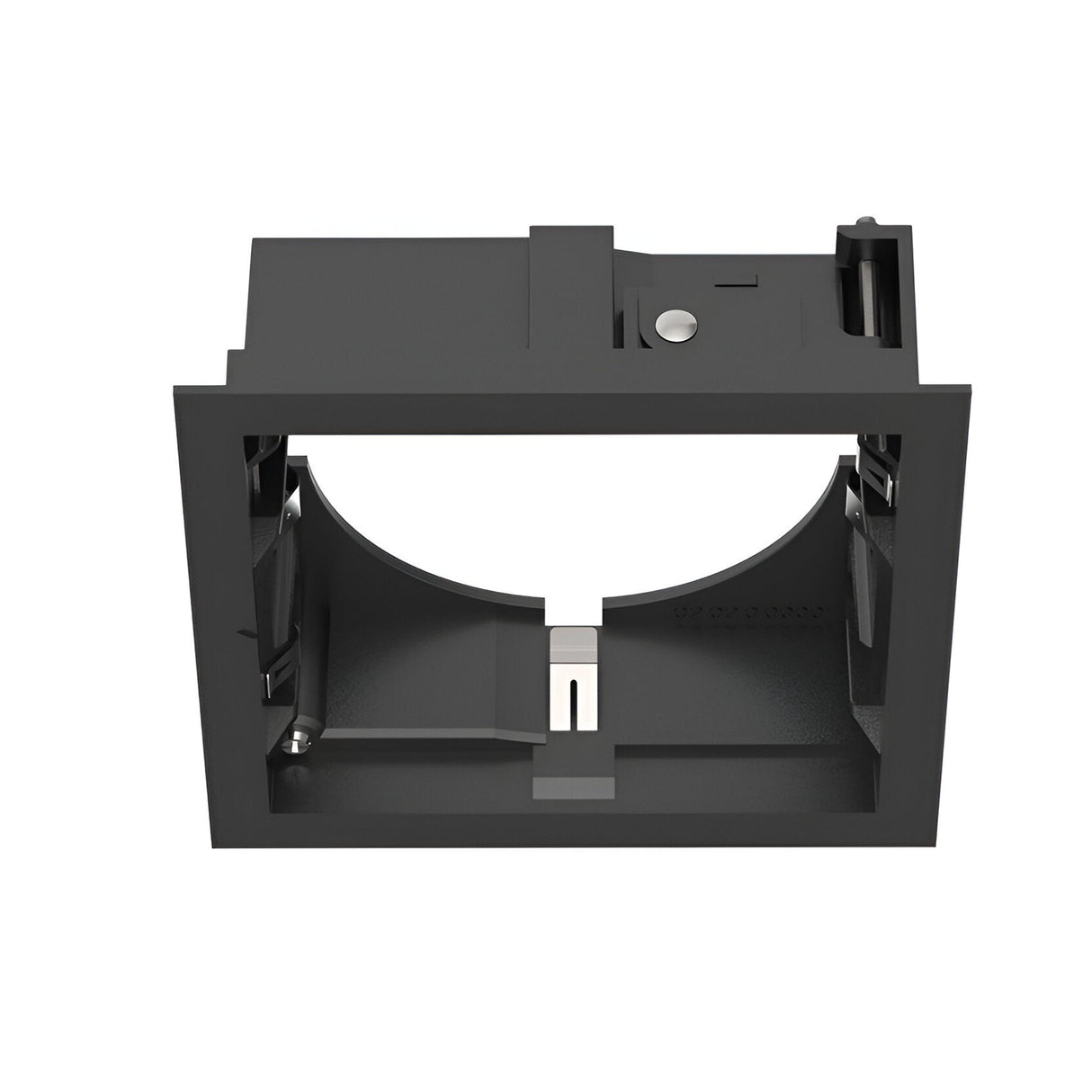 The Glistenis Trim Square Frame 106mm - Black features a sleek black finish with an open center, various notches and slots, making it ideal for downlight installations or housing electronic devices. It is presented against a white background.