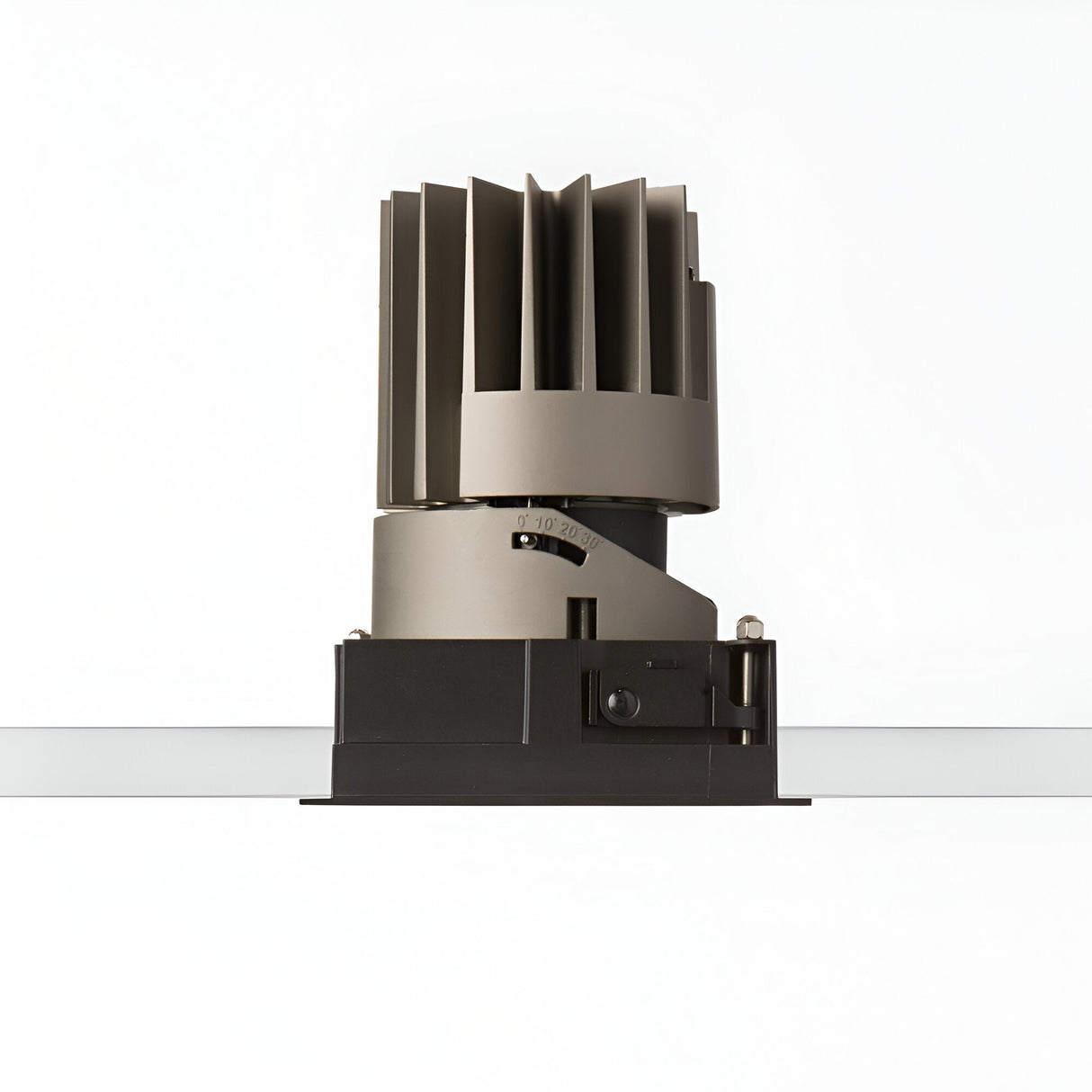 Close-up of the Glistenis Trim Square Frame 106mm in a sleek black finish, showcasing its modern ceiling lighting design with a cylindrical, ribbed heat sink. The fixture is mounted on a track and includes an adjustable angle mechanism for directing light, making it ideal for versatile downlight installations. The background is plain white.