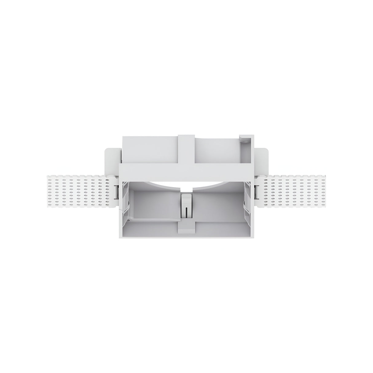 The Glistenis Small Trimless Square Frame For Downlight - White is a white plastic shelf support bracket featuring two perforated arms that extend to the sides, specifically designed for mounting and securing shelves. Its minimalist design, resembling a trimless square frame, provides a subtle yet distinct appearance against a white background.