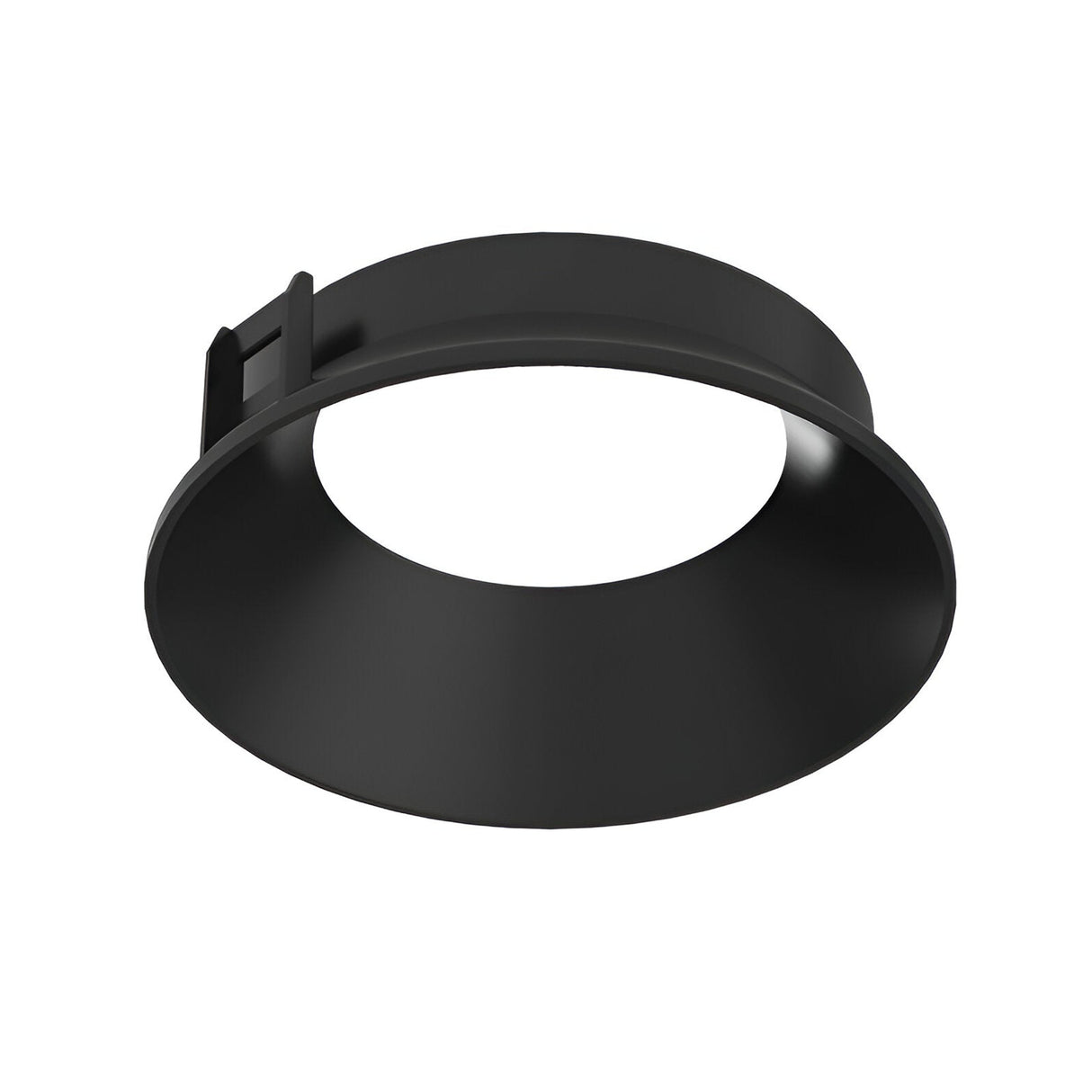 Introducing the Glistenis Reflector Round Frame 94mm in Black, a sleek and contemporary circular metal accessory ring featuring a wide opening and a small rectangular attachment on the side. This modernly finished piece is perfect for modifying or enhancing equipment components, making it an ideal addition to your setup, particularly for downlighting solutions.