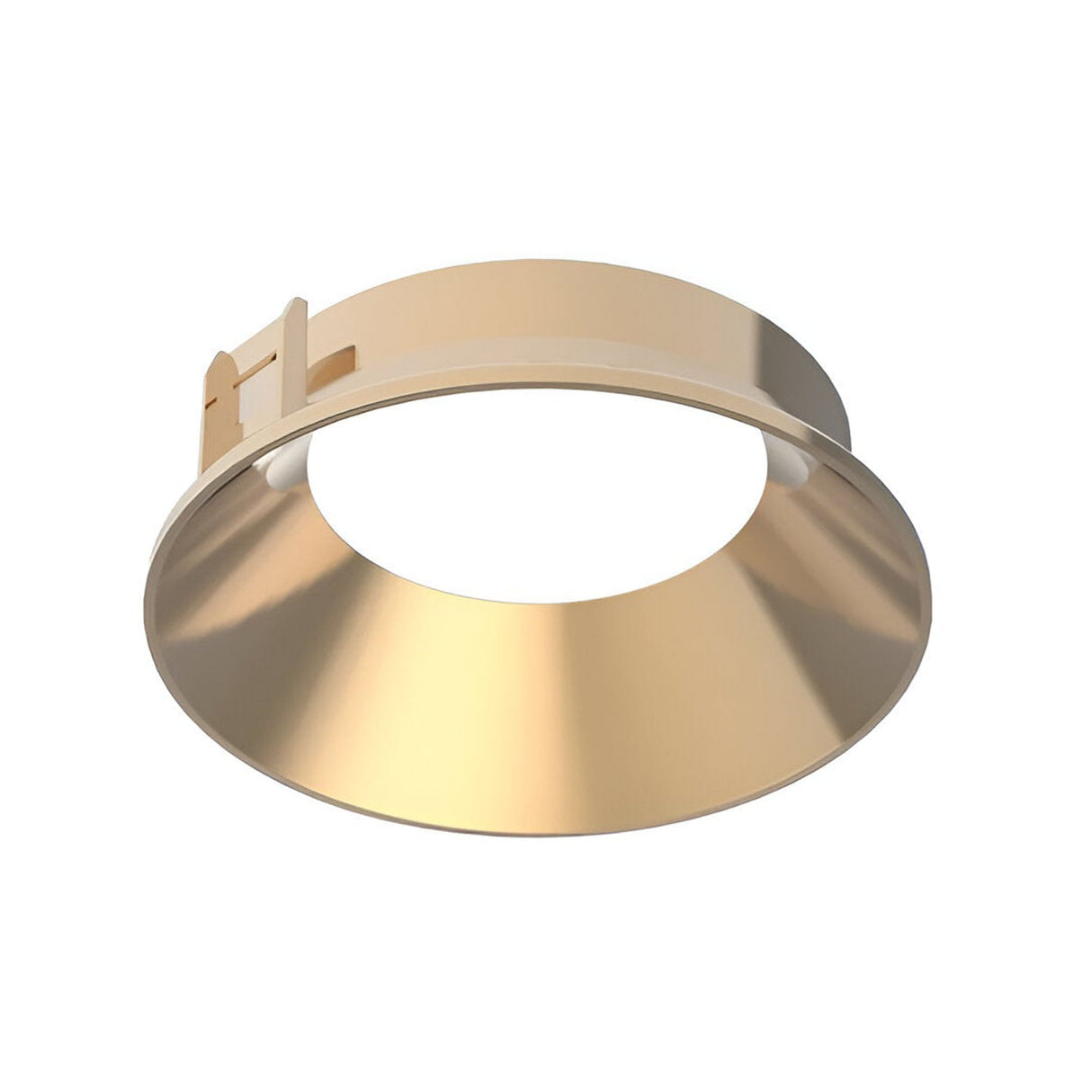 The Glistenis Reflector Round Frame 94mm - Gold is a decorative or functional ceiling fixture accessory featuring a gold circular metal ring with a wide brim and a latch mechanism on one side, offering versatile downlighting solutions. Its elegant design is showcased against a white background to emphasize its refined aesthetics.