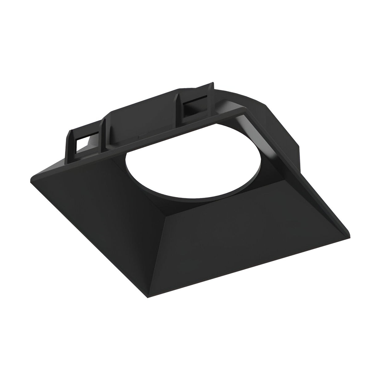 Introducing the Glistenis Reflector Square Frame 89mm in Black: a stylish angular ceiling light fixture featuring a square base and central round opening with a sleek black finish. Designed for recessed installation, it offers a modern, minimalist style with clean lines, making it an ideal choice for any contemporary lighting arrangement.