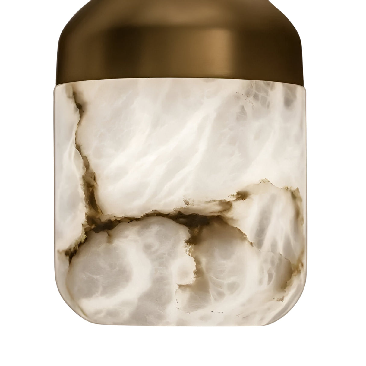 Close-up of the Valmora LED Cascade Globe Alabaster Cluster Pendant Light in Soft White, featuring a smooth marbled white and brown surface with a metallic gold cap for an elegant decorative touch.