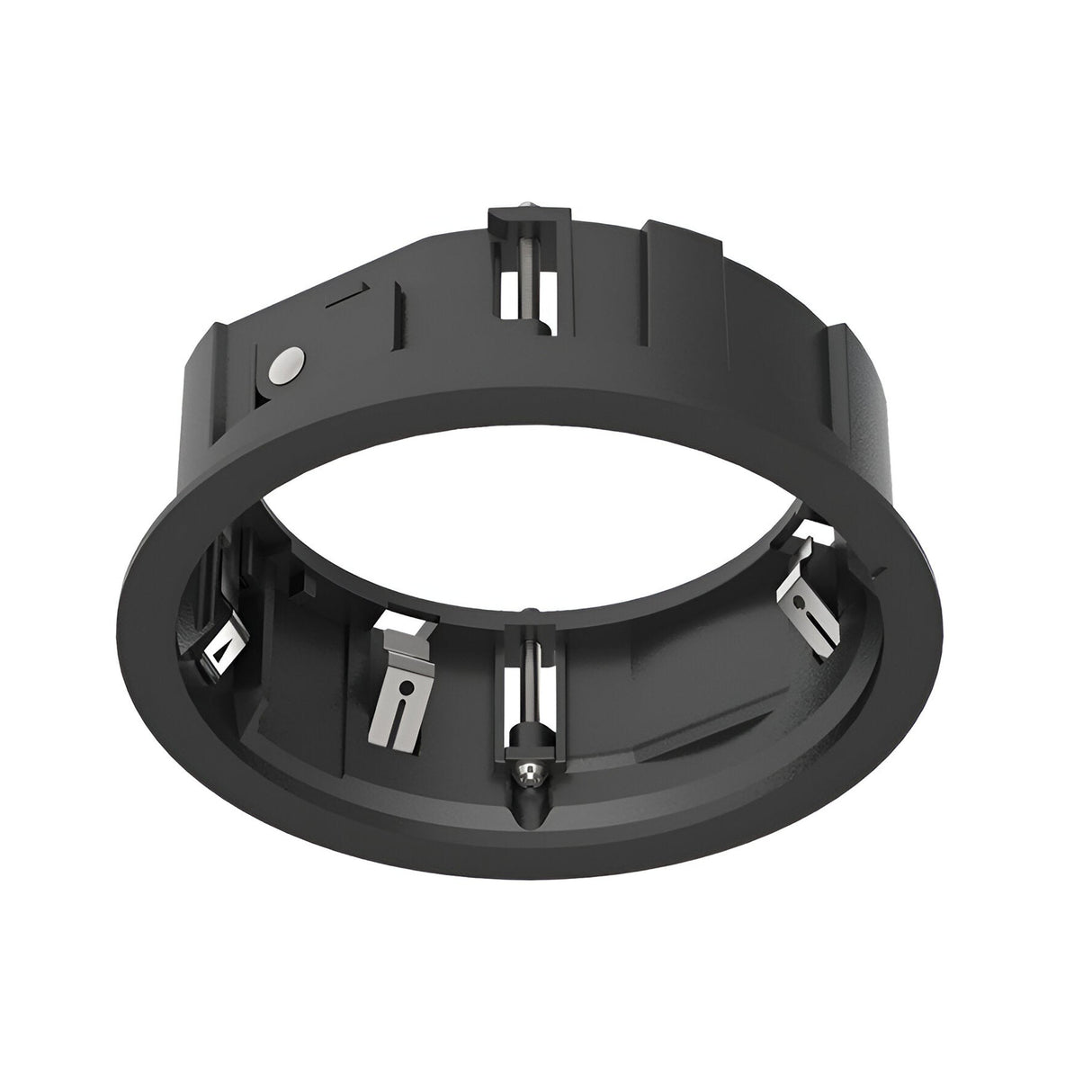 A 3D rendering of the Glistenis Trim Round Frame 109mm - Black, featuring a circular metal bracket with several mounting clips and connectors around its inner edge. This bracket, ideal for downlight installations, is displayed from a slight angle to emphasize its design and structural elements.