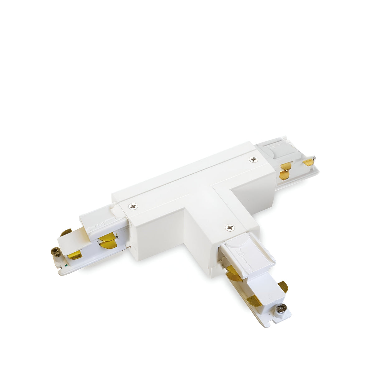 Introducing the Brillia 3-Phase Trimless T-Connector Track Right in white, featuring brass contacts and a minimalist design. Ideal for track lighting systems, this dimmable (1-10V) connector facilitates seamless connections between three track sections on a plain white background.