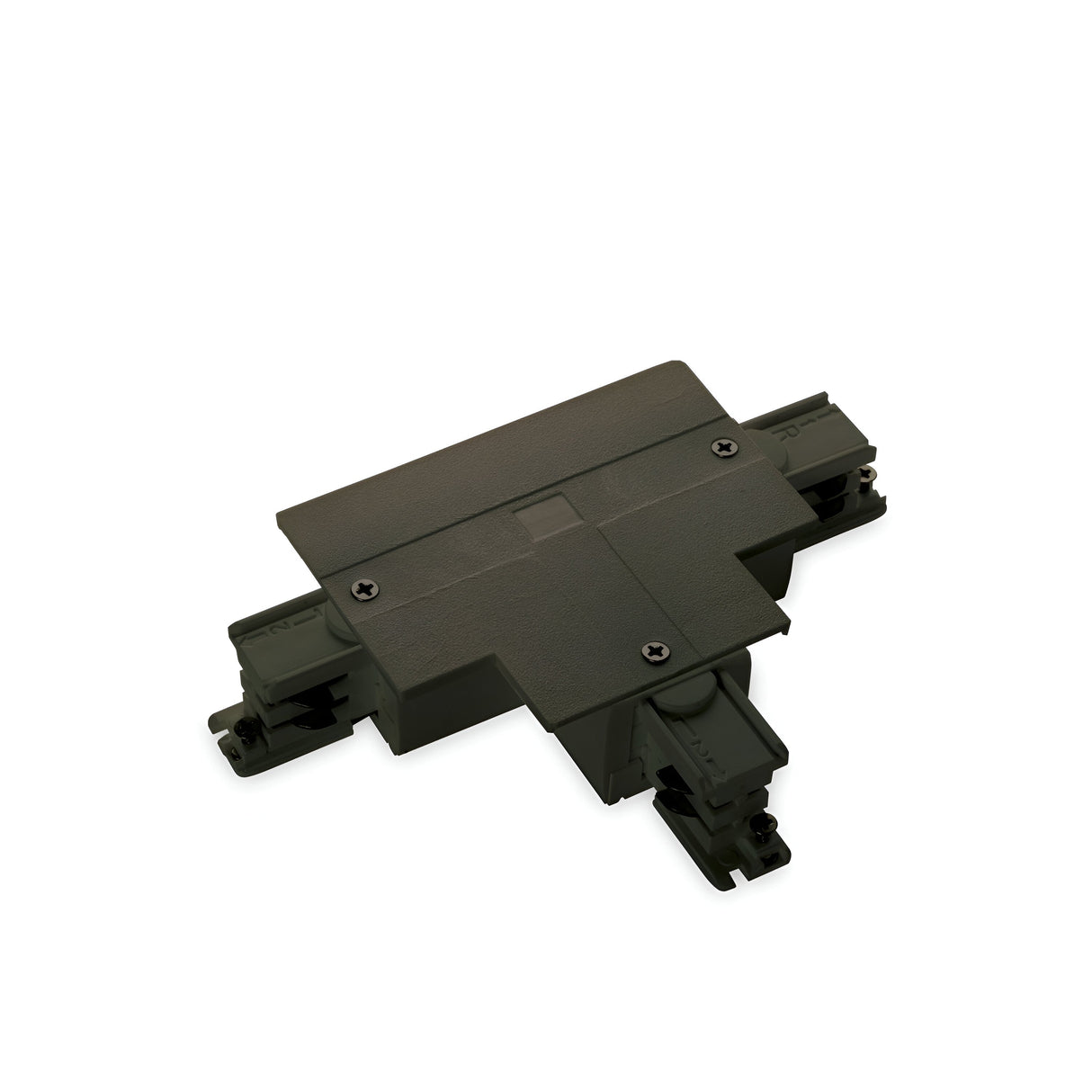 The Brillia 3-Phase T-Connector Track Left - On-Off in black showcases a sleek L-shaped design with four visible screws, effectively connecting the 3-phase track lighting. Its sides are equipped with necessary connections, all elegantly displayed against a plain white background.