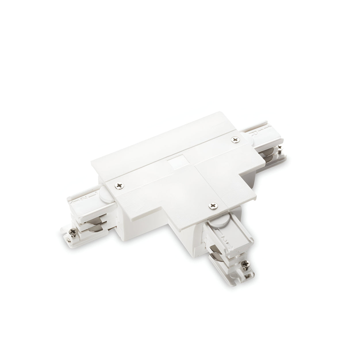 The Brillia 3-Phase T-Connector Track Left - On-Off in white is a precisely engineered L-shaped track lighting connector designed for three-circuit systems. It seamlessly integrates into white-themed spaces and includes connectors on both ends, facilitating straightforward installation and flexible direction changes in diverse lighting setups.