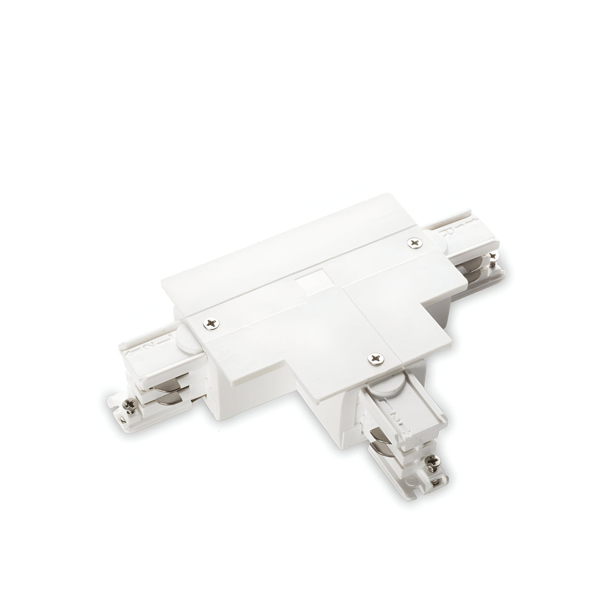 Image of the Brillia 3-Phase T-Connector Track Right - On-Off, White. This white L-shaped connector is designed for a 3-phase T-connector system and includes screws and slots for easy attachment. It expertly joins track segments at a right angle, enhancing compatibility with other white track systems.