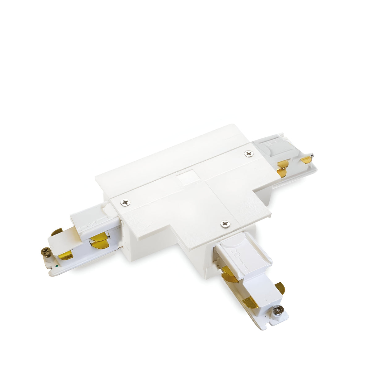 The Brillia 3-Phase T-Connector Track Right, in white, features a T-shaped design with brass contacts and four screw points. It's intended for linking dimmable track lighting systems using a 1-10V connection. The connector is isolated against a plain white background.