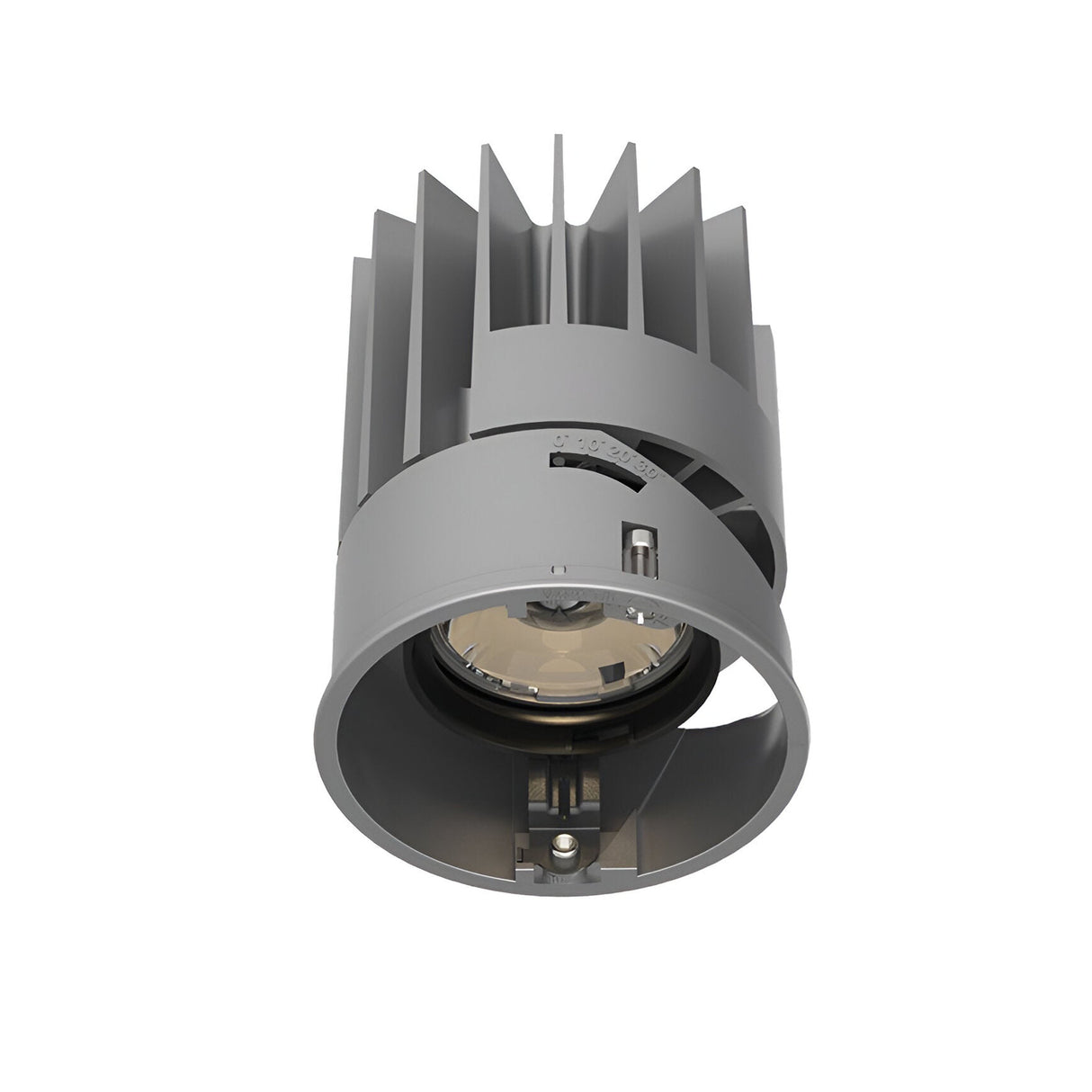 Introducing the Glistenis Recessed Downlight - 21W, 2700K, Grey: a sleek gray cylindrical fixture boasting a finned heat sink and built-in 21W LED technology. The open circular front exposes the light source, expertly crafted for ceiling installation to deliver focused illumination.