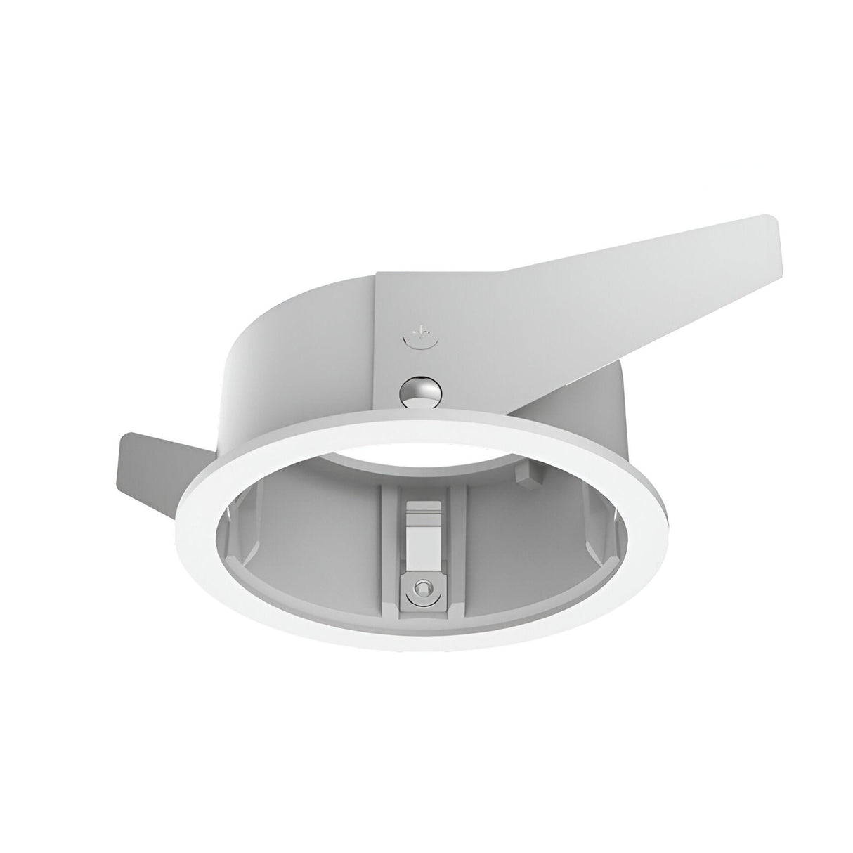 The Glistenis Trim Round Frame For Downlight 77mm in white is a circular ceiling light fixture featuring adjustable metal clips and a recessed space for a bulb. Ideal for modern lighting installations, this fixture is shown against a plain white background, making it perfect for downlight applications.