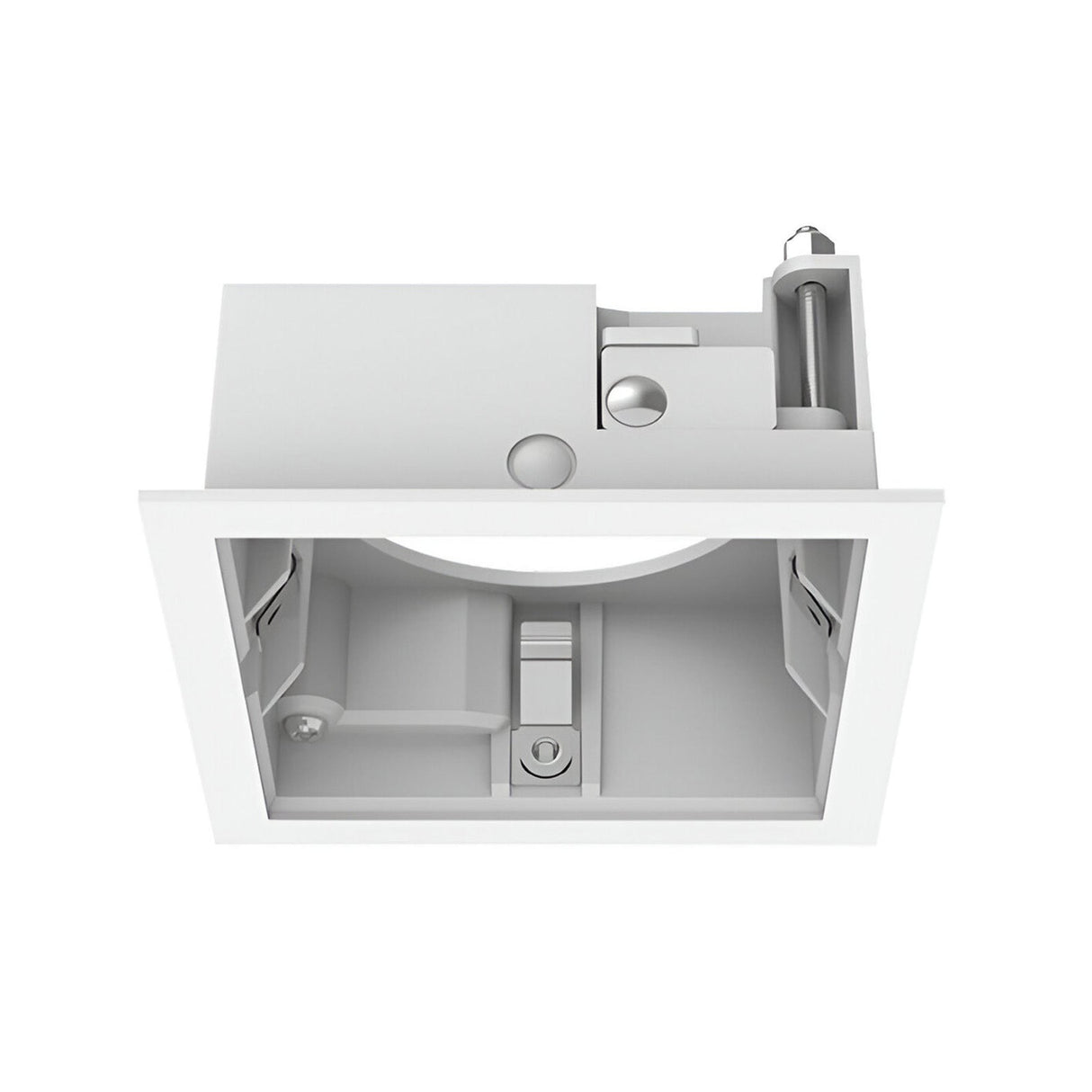 This Glistenis Trim Square Frame 78mm in white is a square, minimalist recessed lighting fixture with a circular cutout at its center. It is ideal for ceiling installation and features various metallic components in its sleek, modern design, making it perfect for enhancing any lighting environment as a downlight solution.