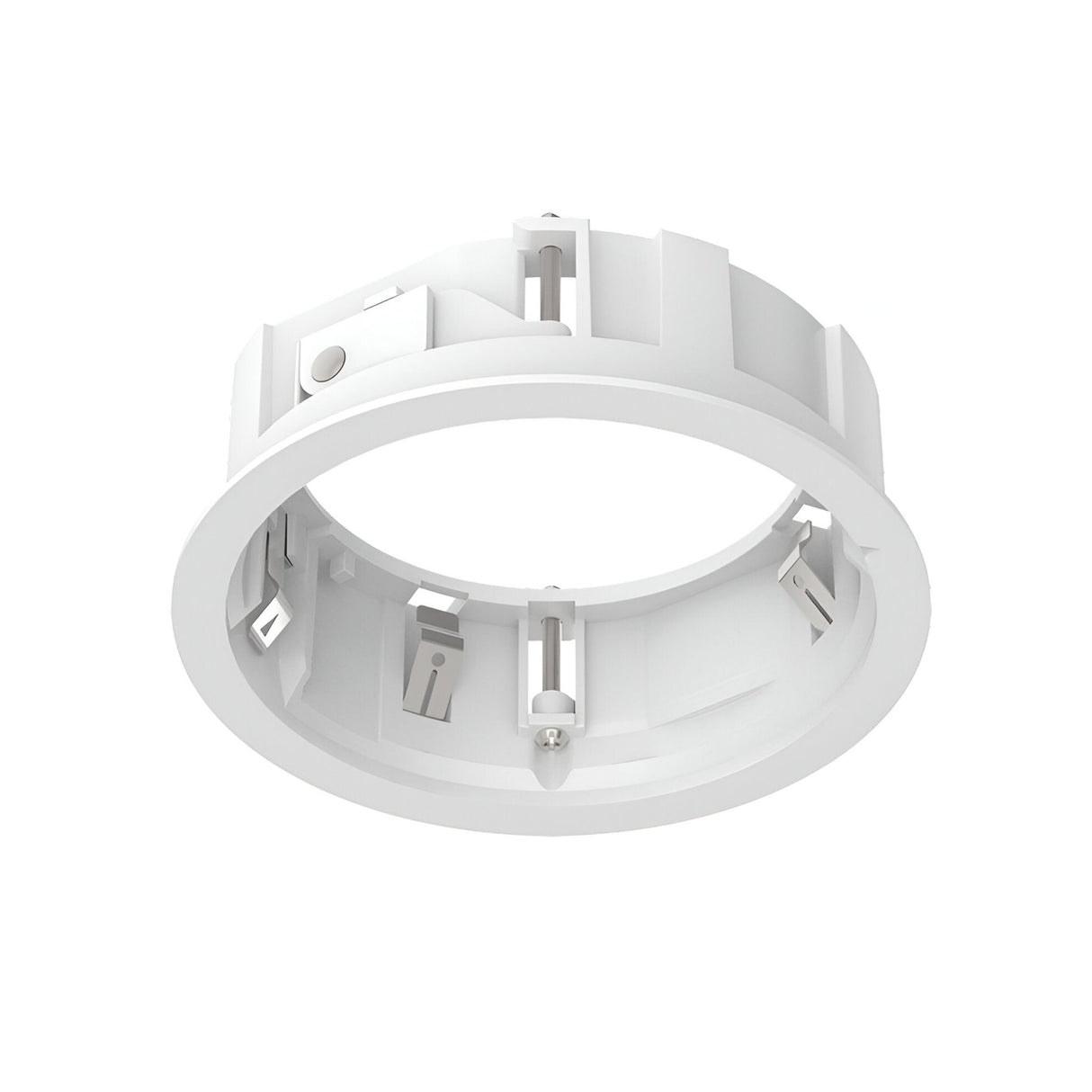 Introducing the Glistenis Trim Round Frame 109mm - White, a circular plastic frame that includes several clips and fittings around its interior, showcasing a round trim design. It is ideal as a mounting bracket or support ring for securing lighting fixtures or components in downlight installations.