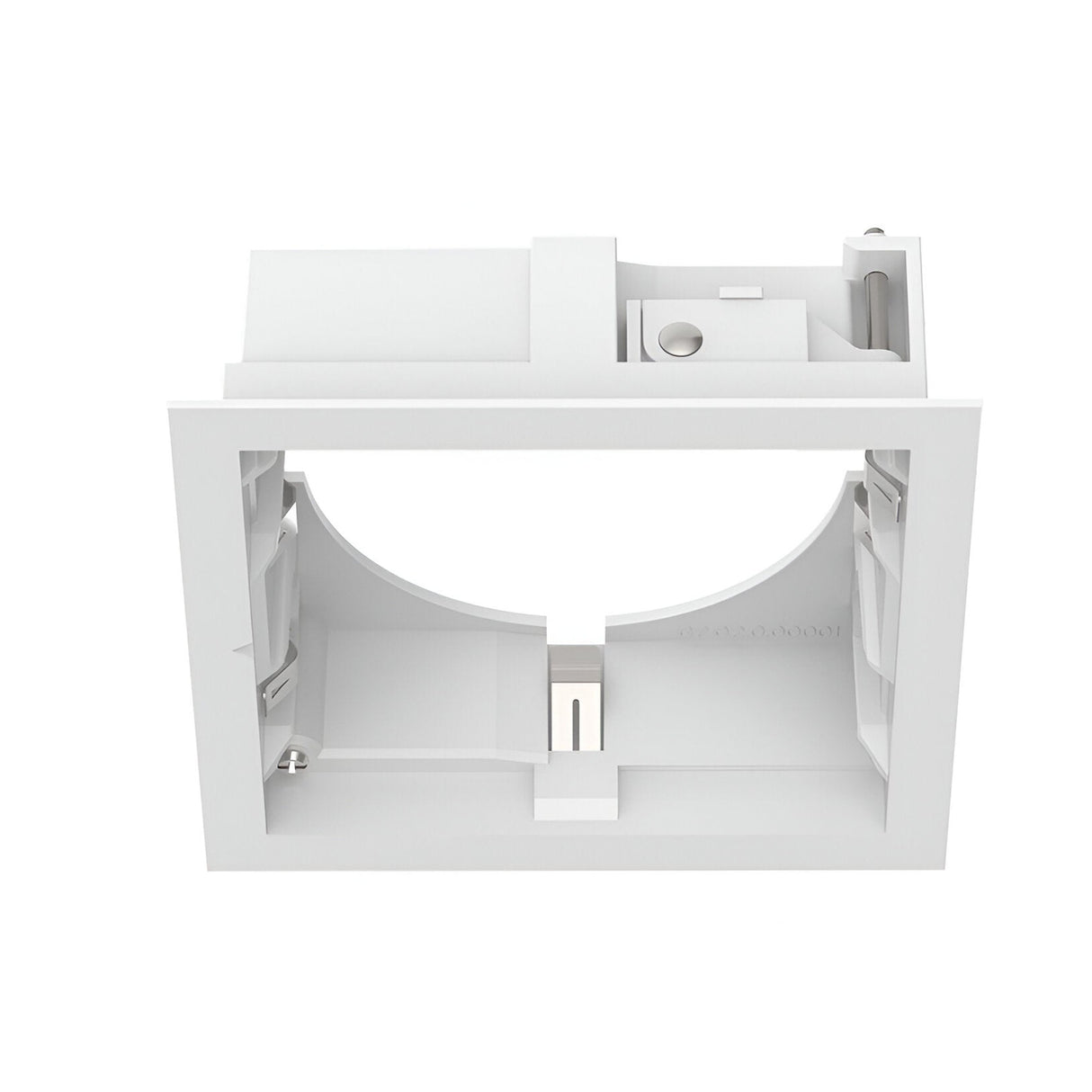 The Glistenis Trim Square Frame 106mm - White is a white, rectangular plastic mounting bracket with an open center, ideal for downlight installations. It is engineered to house electrical components and features slots and attachment points on its sleek, white finish.