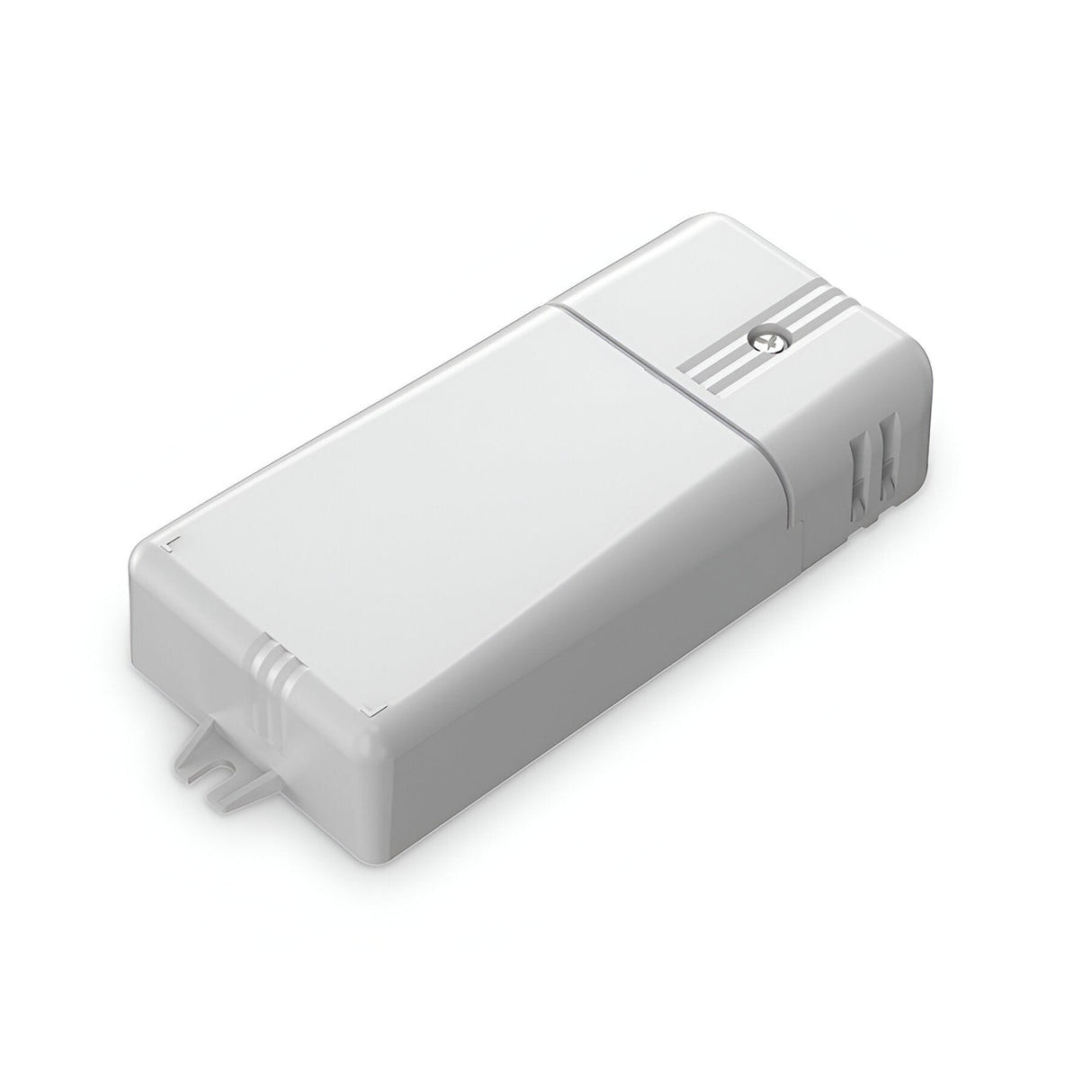 The Glistenis Constant Current LED Driver - 20W, 500ma is a rectangular, white electronic device designed for LED driving. It includes a small switch and grooves on its cover and is outfitted with mounting brackets for surface attachment. This isolated device is set against a plain white background.