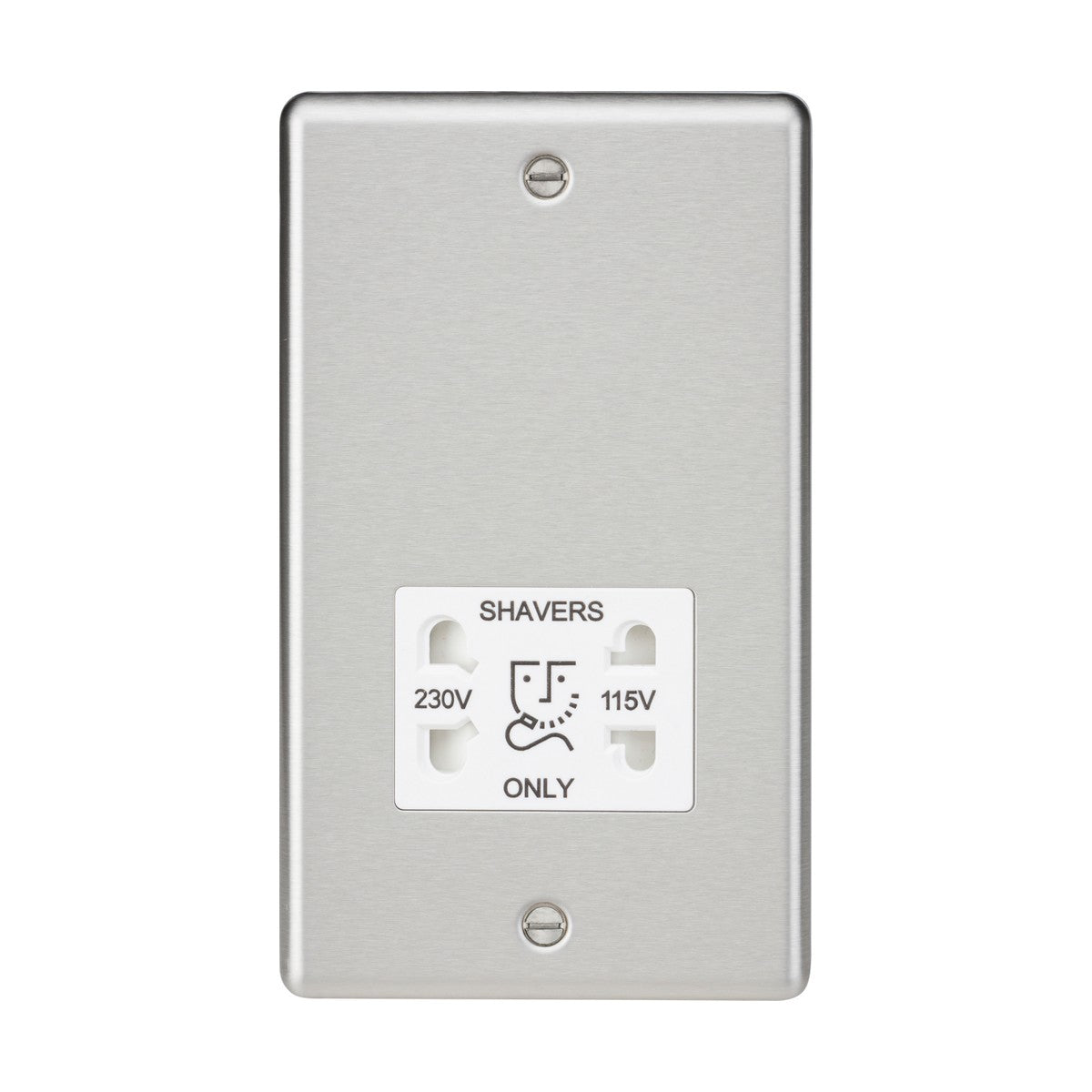 A close-up of a wall-mounted electrical outlet, the 115/Dual Voltage Shaver Socket - Brushed Chrome (White Insert, Rounded Edge), features two sockets for 230V and 115V. This contemporary design includes a brushed chrome finish with rounded edges and is secured with two screws. It is labeled "SHAVERS ONLY" and adorned with a simple razor icon.