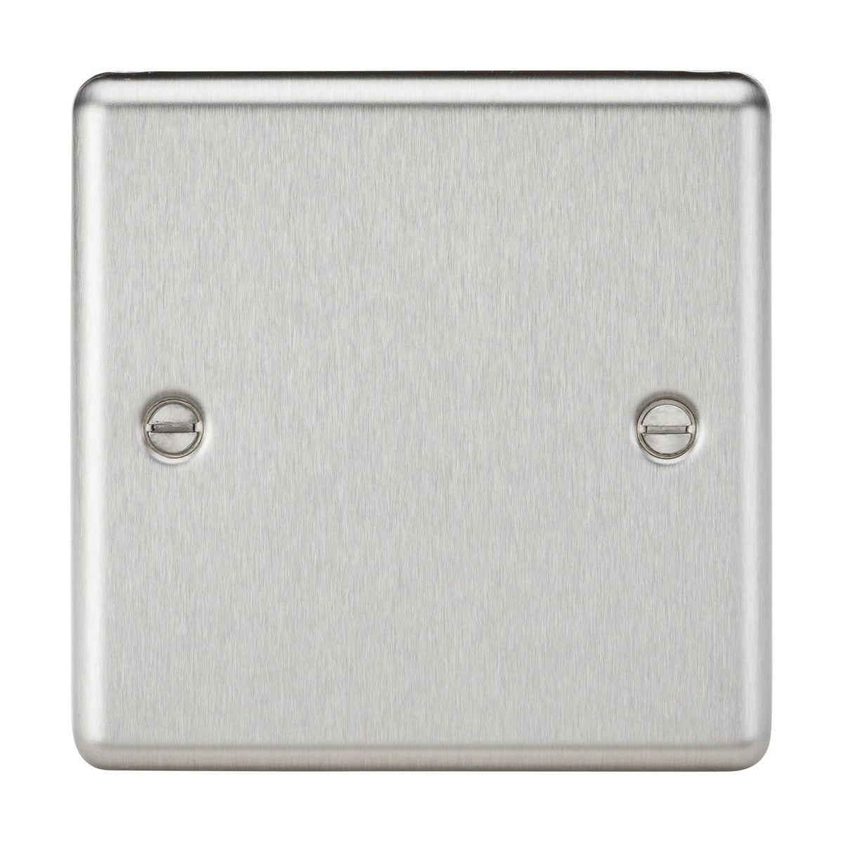 The 1 Gang Blanking Plate - Brushed Chrome (Rounded Edge) is crafted from premium grade steel and features two visible screws. This square plate is designed to cover unused electrical outlets or switch spaces, adhering to IEC 60670-1 specifications for reliability and safety.