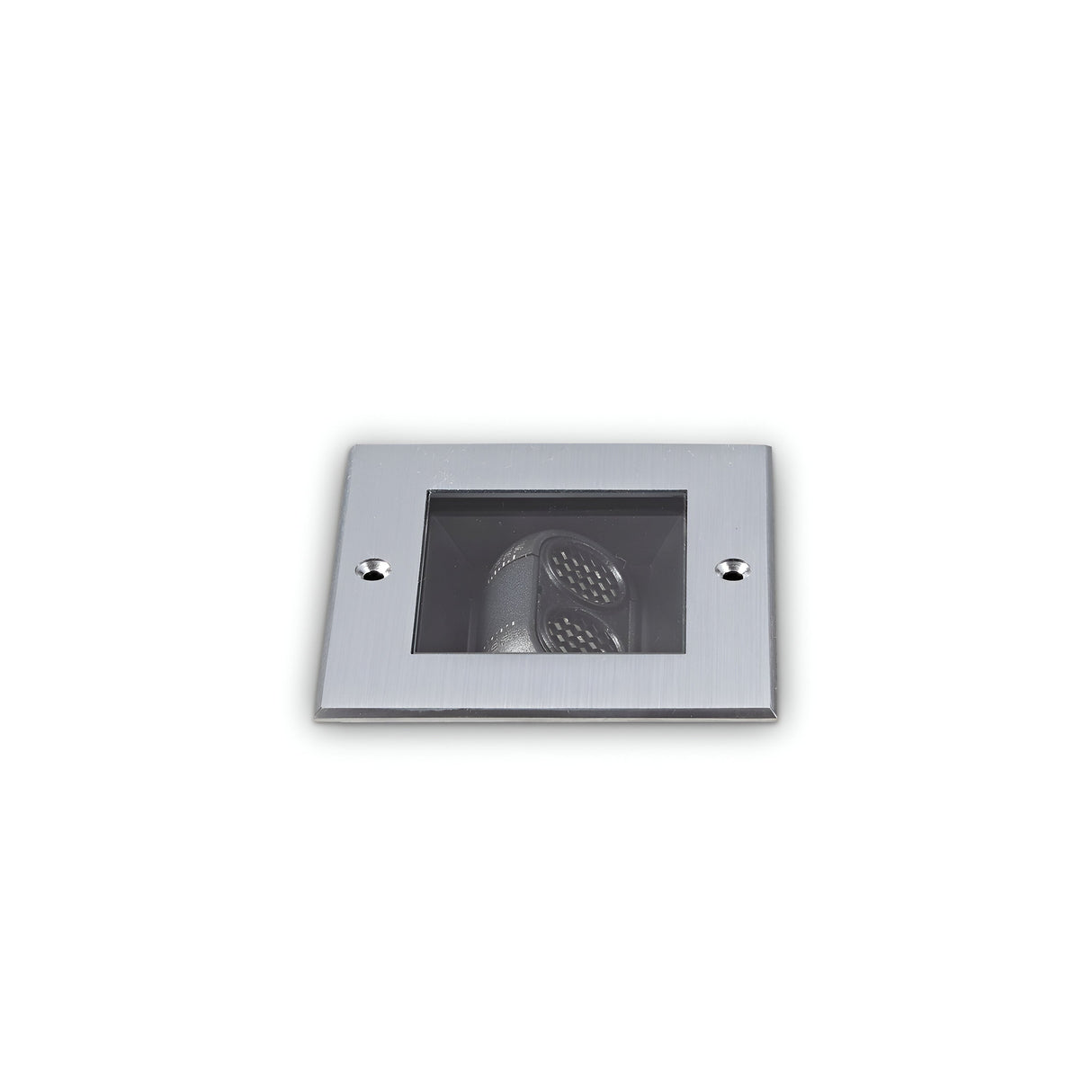 A sleek square recessed ground light with a grey brushed frame featuring two energy-efficient LED lights, set against a minimalist white backdrop.