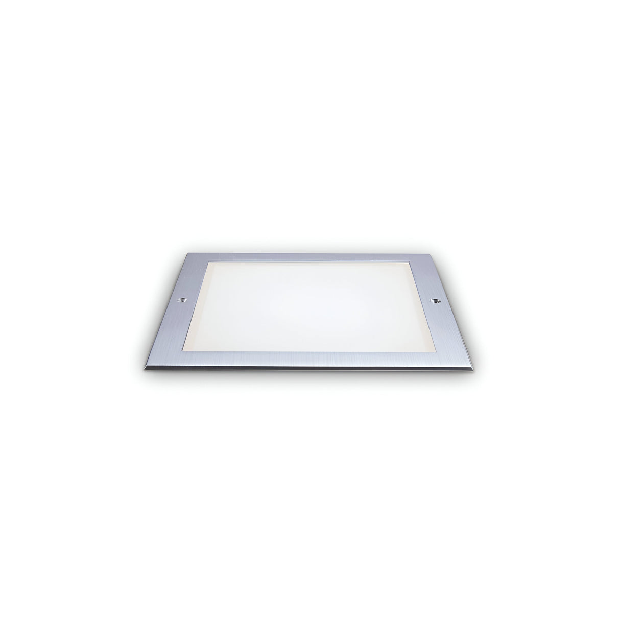 The Zephyra LED Square Recessed Ground Light, featuring a 6W output and 3000K color temperature, is displayed in its silver-framed design with a frosted white panel against a plain white background. This IP67-rated light is ideal for outdoor illumination, offering both durability and style in any setting.