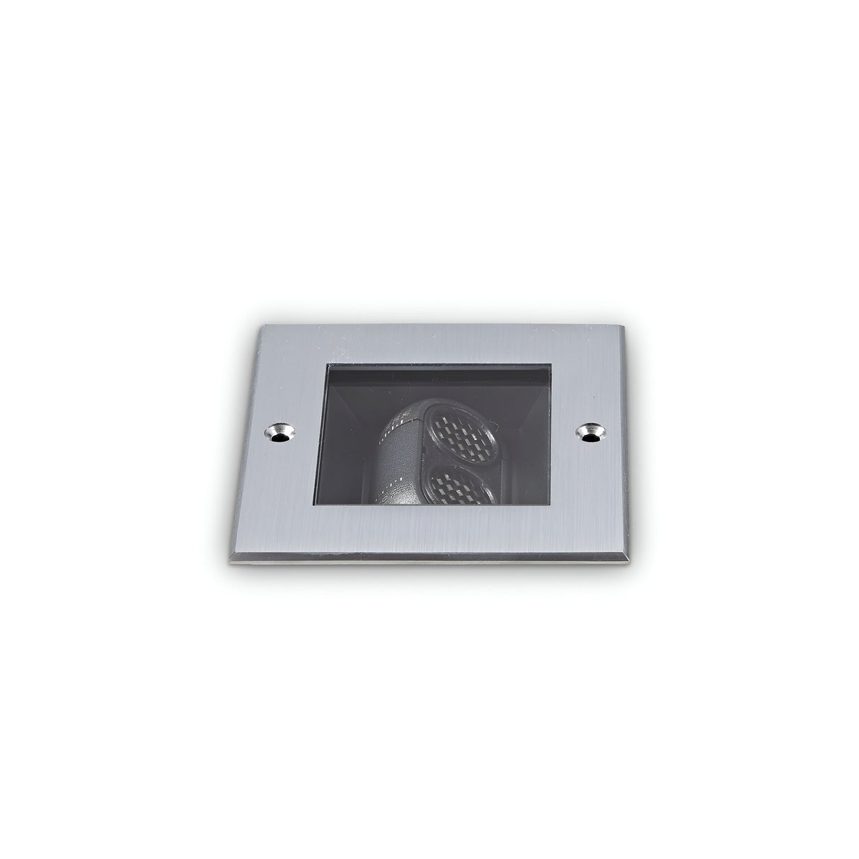 The Zephyra Outdoor LED Square Recessed Ground Light has a grey finish and includes two circular outdoor LED elements with an IP67 rating, set against a plain white background.