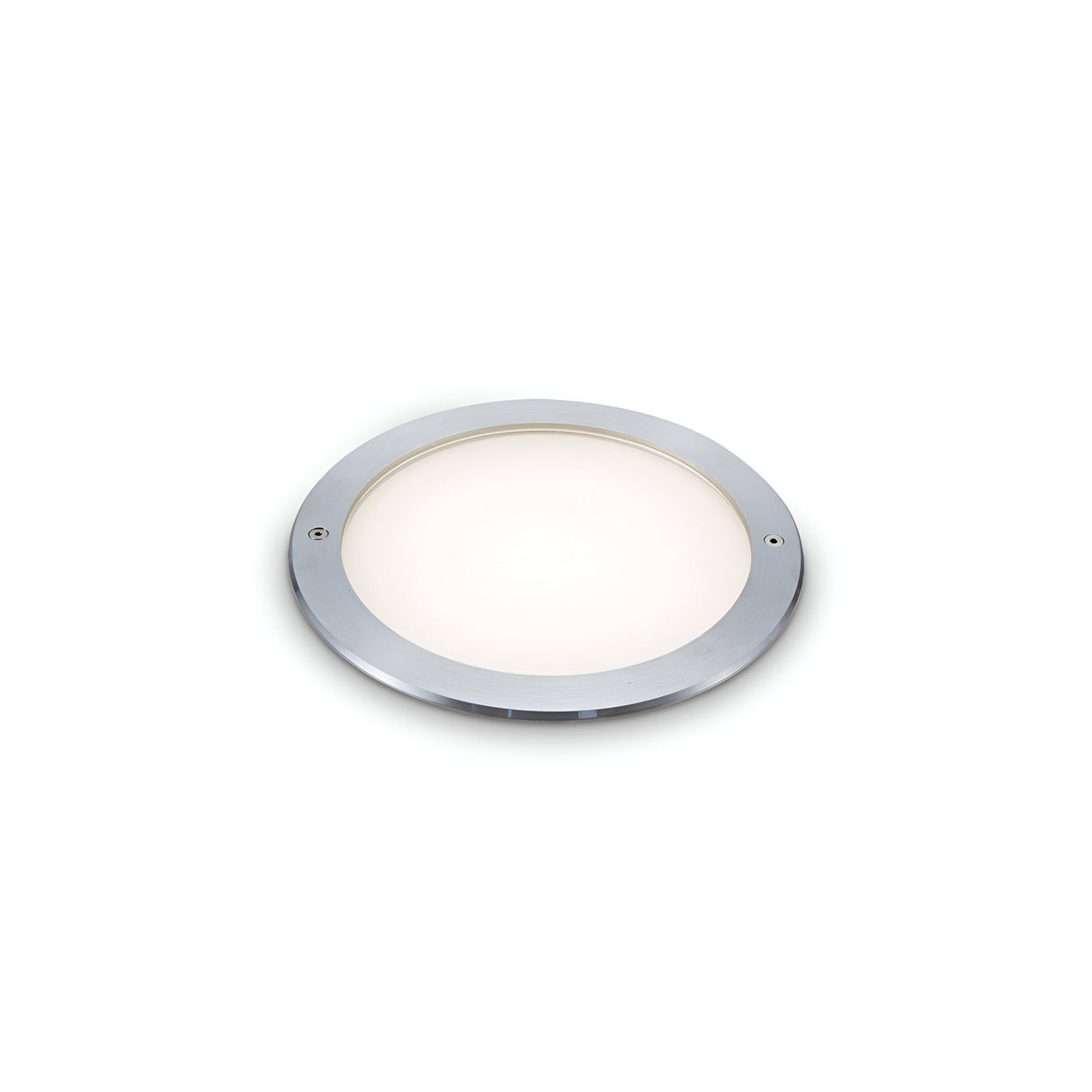 The Zephyra LED Round Recessed Ground Light, featuring a modern design with a silver rim and white diffuser, is perfect for seamless installation on a plain white background.