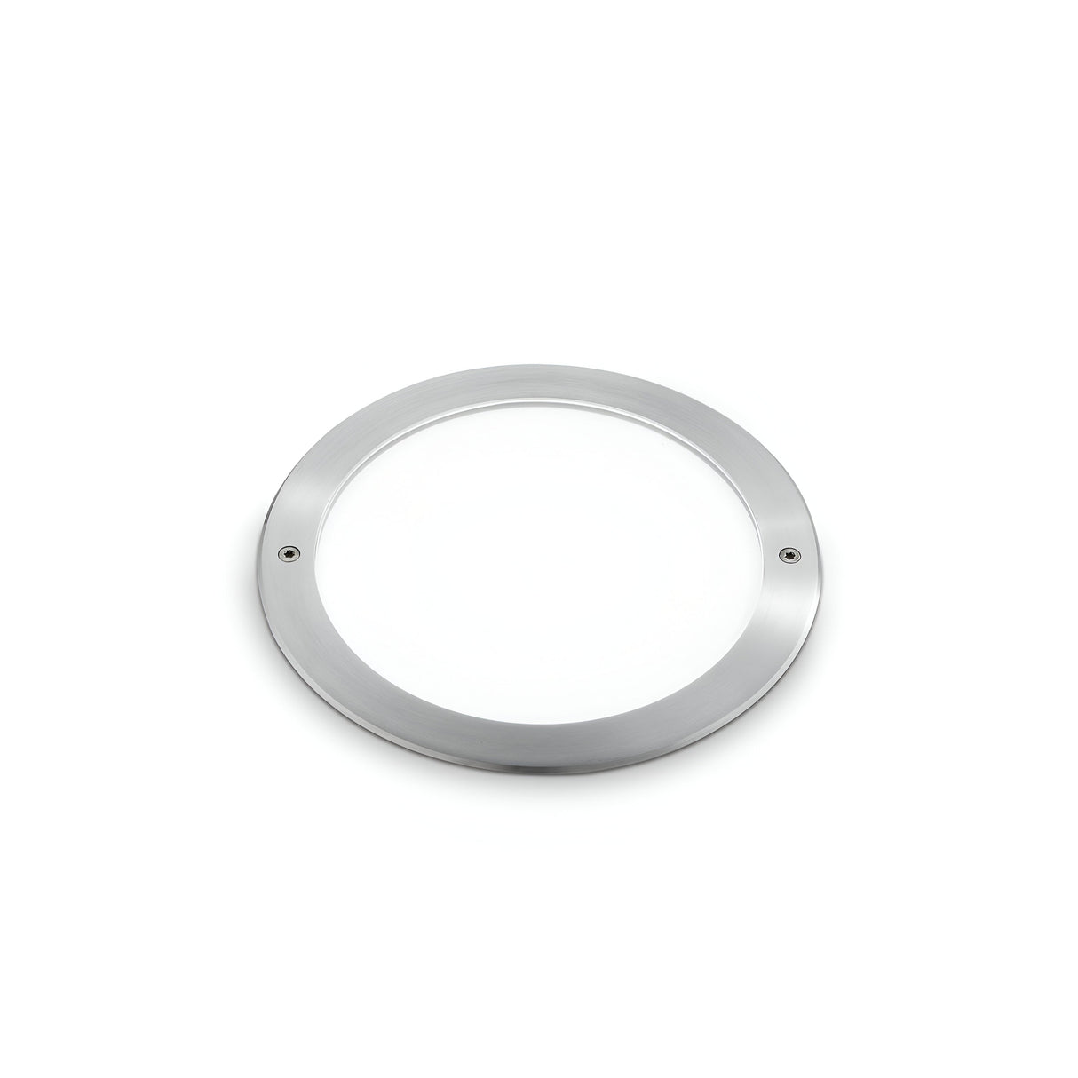 The Zephyra LED Round Recessed Ground Light, featuring a metallic silver ring with a transparent center that resembles a porthole or decorative frame, is designed for outdoor lighting and is showcased against a plain white background.