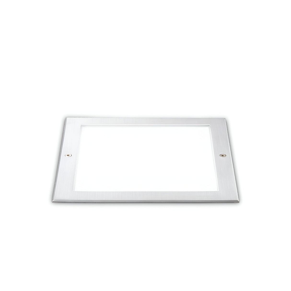 The Zephyra LED Square Recessed Ground Light - 16W, 3000K, in silver finish, is showcased against a plain white background. It features a sturdy steel frame with a clear center and two small round screws located near the edges of its compact design, making it ideal for outdoor lighting applications.