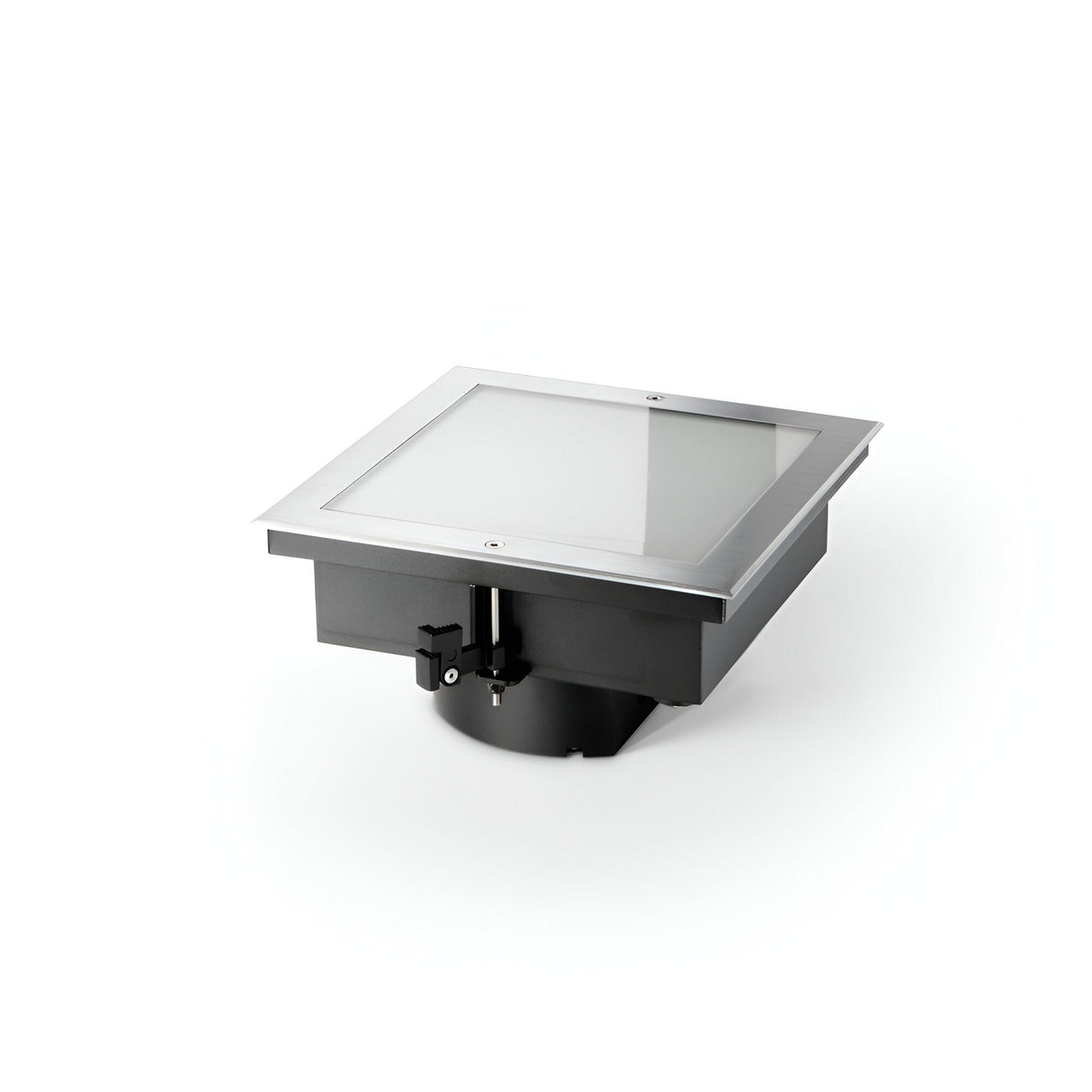 The Zephyra LED Square Recessed Ground Light - 16W, 3000K, Silver features a durable steel housing and a transparent glass cover. Its sleek stainless steel frame and black base contain the electrical components, making it ideal for both indoor and outdoor illumination.