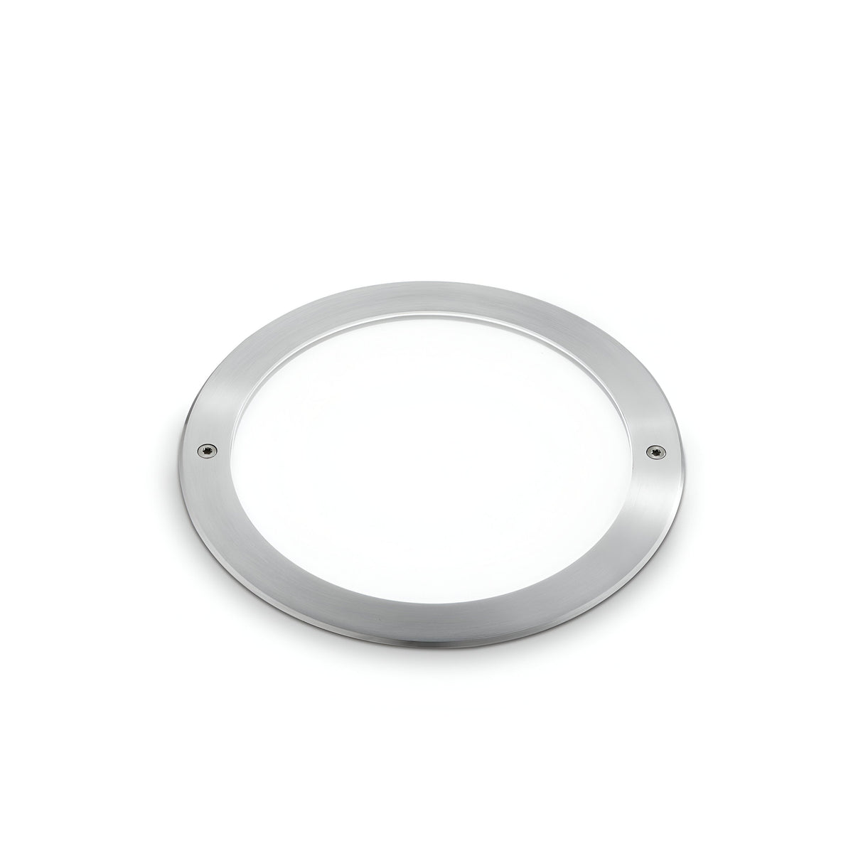 A Zephyra LED Round Recessed Ground Light, featuring a stainless steel frame with a glass center, rests against a white background. With two visible screws on opposite sides and boasting an IP67 water-resistant design, this 21W, 3000K silver fixture offers an elegant solution for outdoor lighting needs.