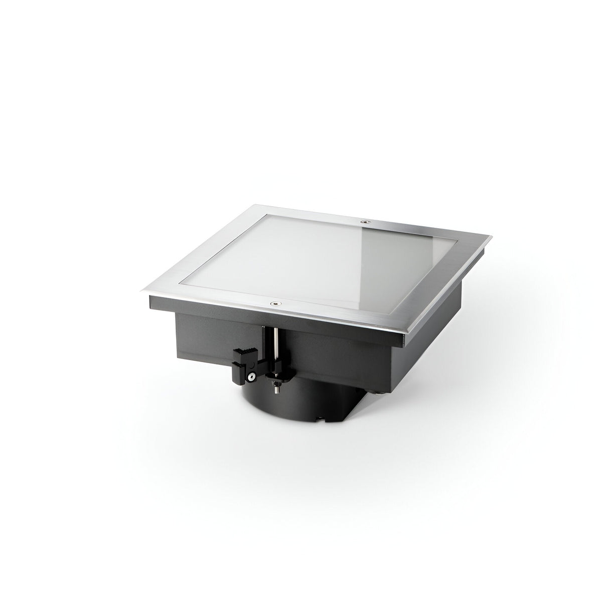 The Zephyra LED Square Recessed Ground Light - 21W, 3000K, features a sleek silver metal frame and a transparent glass cover. IP67 rated for durability, it is set against a plain white background. This light is perfect for outdoor lighting that combines elegance with practicality.