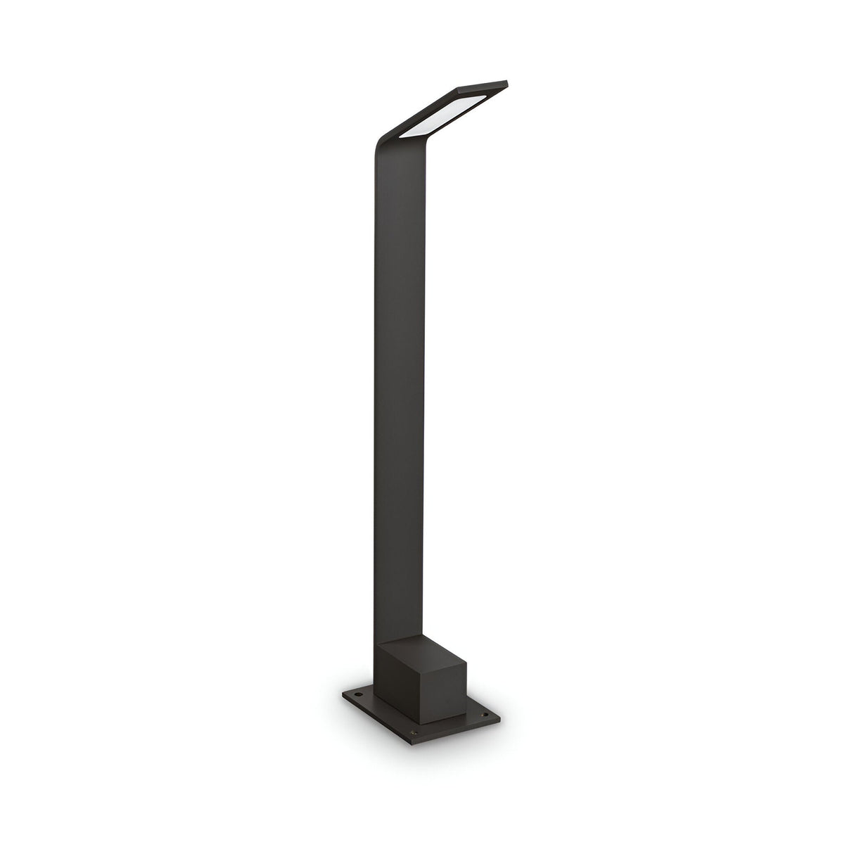 The Clarixa Outdoor LED Bollard Light in black showcases a sleek, modern design with a minimalist aesthetic. It features a flat, angled top and square base, crafted to be weather-resistant with an LED light at 3000K, standing 60cm tall against a white background.