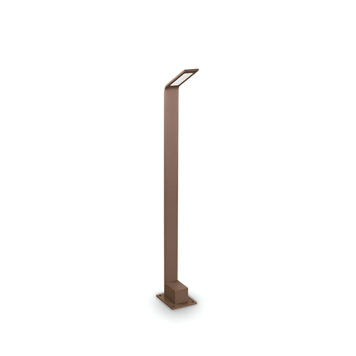 The Clarixa Outdoor LED Bollard Light offers a contemporary and minimalist design with its tall and slender structure. It features a brown metallic finish and an energy-efficient LED, highlighted by its rectangular base and slightly angled rectangular light fixture at the top, set against a white background.