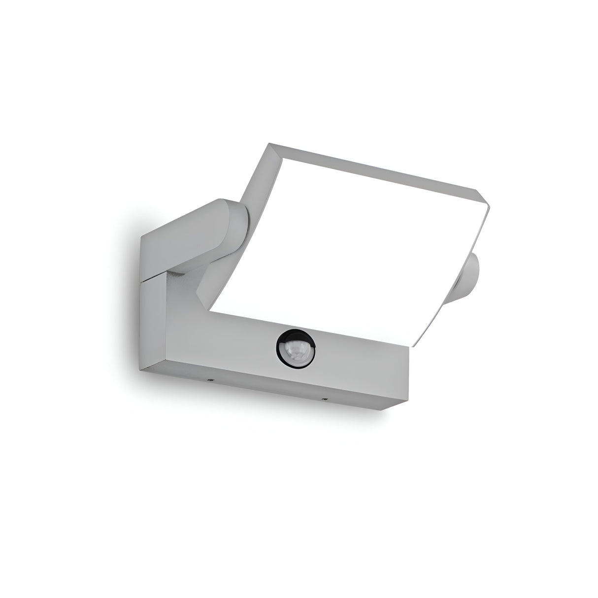 Introducing the Solstice LED Outdoor Motion Sensor Wall Light 21W 3000K - Grey, a modern fixture crafted from powder-coated aluminium. It features a square-shaped light panel and motion sensor below, blending minimalist design with contemporary style for outdoor use.