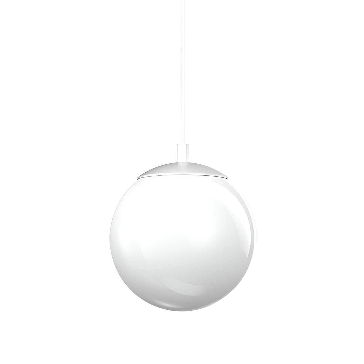 The Luxeon Dimmable LED Pendant Light 10W 3000K - White, with its energy-efficient LED technology, elegantly suspends from the ceiling by a thin cord. Its smooth, spherical design is set against a plain white background, providing a modern aesthetic enhanced by its dimmable features.