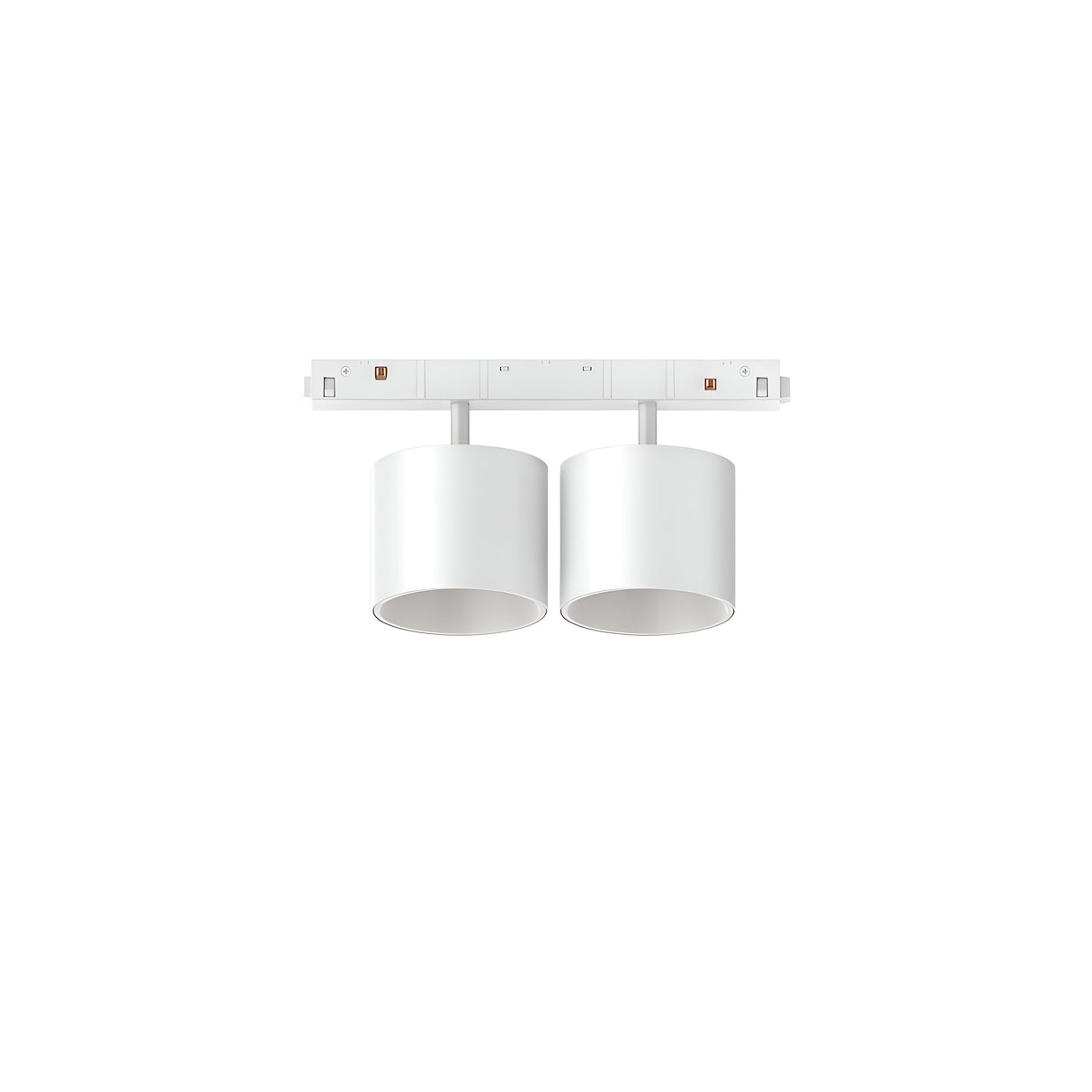Introducing the Luxeon LED Magnetic Twin Track Spotlight 20W 3000K - White, a minimalistic ceiling light fixture designed for energy efficiency. Featuring two cylindrical white shades mounted on a rectangular base, its modern aesthetic seamlessly complements contemporary interiors while providing a warm 3000K glow.