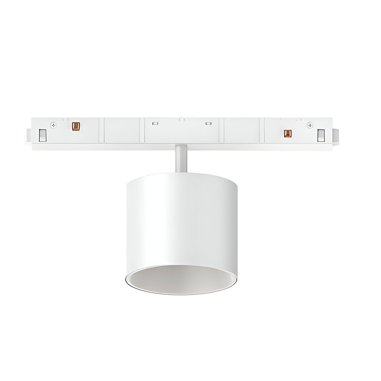 Introducing the Luxeon LED Magnetic Track Spotlight 10W 3000K in white, a minimalist ceiling light fixture characterized by a cylindrical shade and rectangular base. This energy-efficient lighting solution is mounted on a white surface, providing adjustable lighting configurations to complement any space.