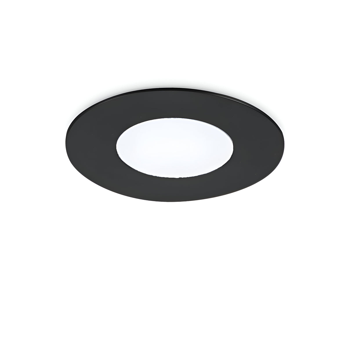 The Solix LED Recessed Downlight - 7W, 3000K, Black is a modern, circular fixture known for its energy-efficient design. It features a stylish black finish with a white center and integrates seamlessly into a white ceiling, enhancing the style and functionality of any room.