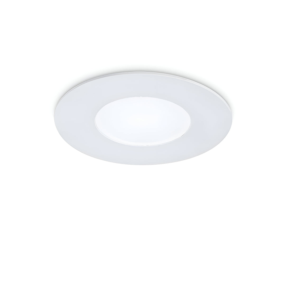 The Solix LED Recessed Downlight, featuring a smooth, flat design and viewed from below, showcases its energy-efficient lighting in a round, white fixture.