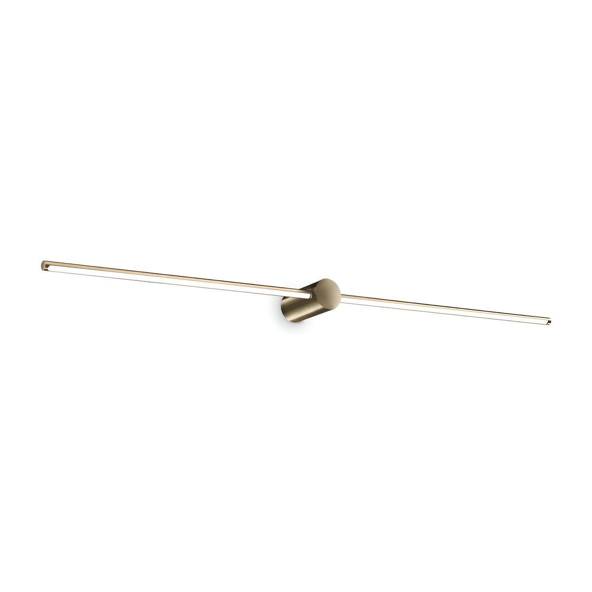 The Celestia LED Bathroom Wall Light 16W 3000K - Brass, measuring 115cm, features a minimalist design with a long, slender horizontal bar centered on a round brass base set against a white background. Its sleek and modern aesthetic is complemented by an IP44 rating for dependable durability in damp environments.