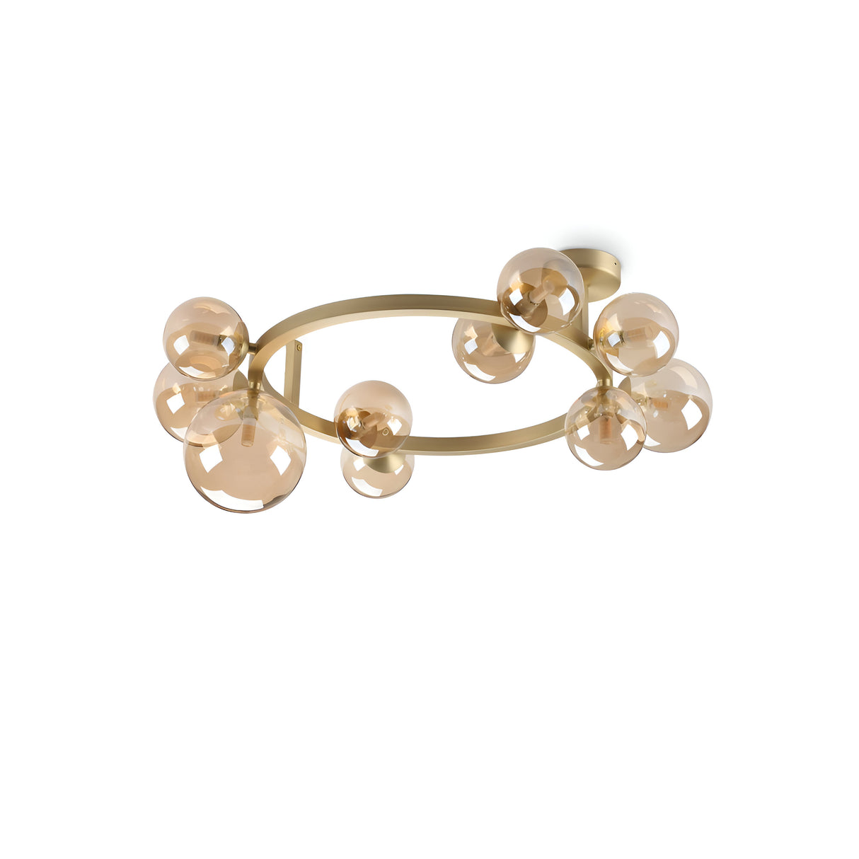 The Solana 10 Light Ceiling Light - Brass features a sleek circular brass frame adorned with multiple spherical, acid-etched glass bulbs. These bulbs are evenly spaced around the frame, offering an elegant and contemporary design that is ideal for modern interiors against a white background.