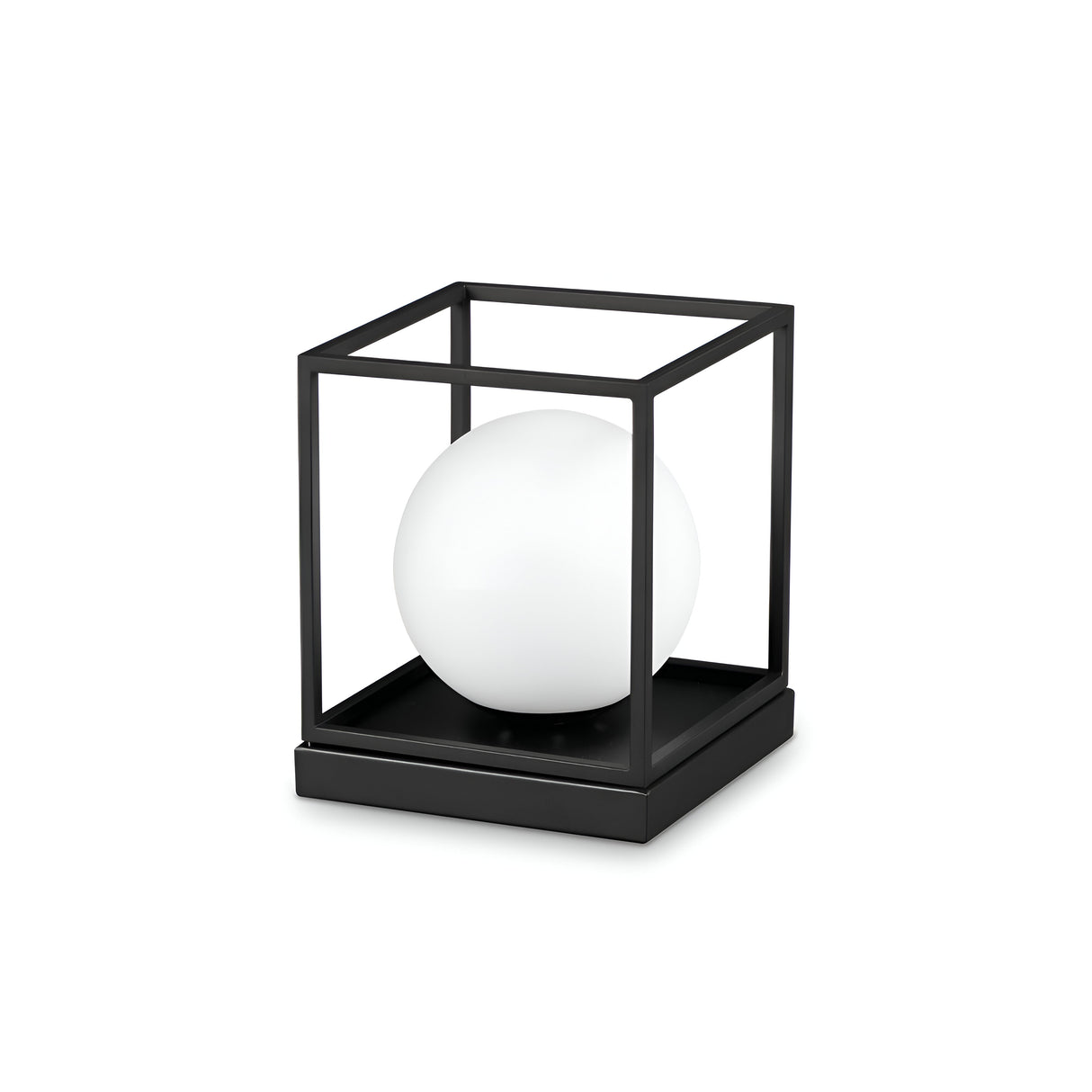 The Dawn Large Table Lamp - Black showcases a contemporary design, featuring a white spherical bulb encased in an open black cube frame. This minimalist metal table lamp highlights a geometric style, with the light elegantly placed on a square black base.
