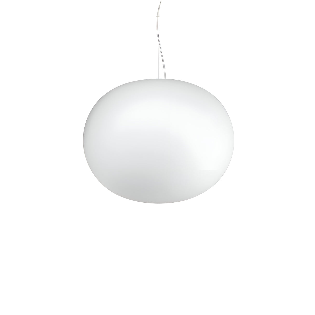 The Phosra 1 Light Pendant - White, 40cm features a modern spherical design in a pristine white finish, suspended delicately from a slender cable against a simple background. Its chic and contemporary style is accentuated by an acid-etched glass diffuser, which presents a smooth, glossy facade that exudes minimalist elegance.