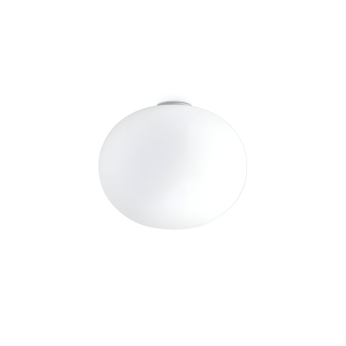 Presenting the Phosra 1 Light Flush in White, a 40cm ceiling light fixture made from white acid-etched blown glass. This round design highlights a minimalist aesthetic with a smooth and slightly glossy finish, standing out against its white background and appearing perfectly centered in the image.
