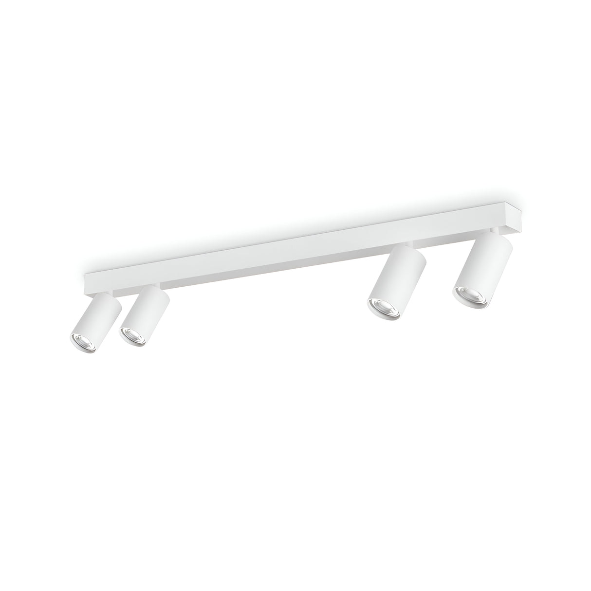 The Lumora Quad Bar Spotlight - White is a modern ceiling light fixture that includes four adjustable cylindrical spotlights mounted on a rectangular bar. Its minimalist design, enhanced by adjustable diffusers, provides a contemporary aesthetic that suits various interior settings.