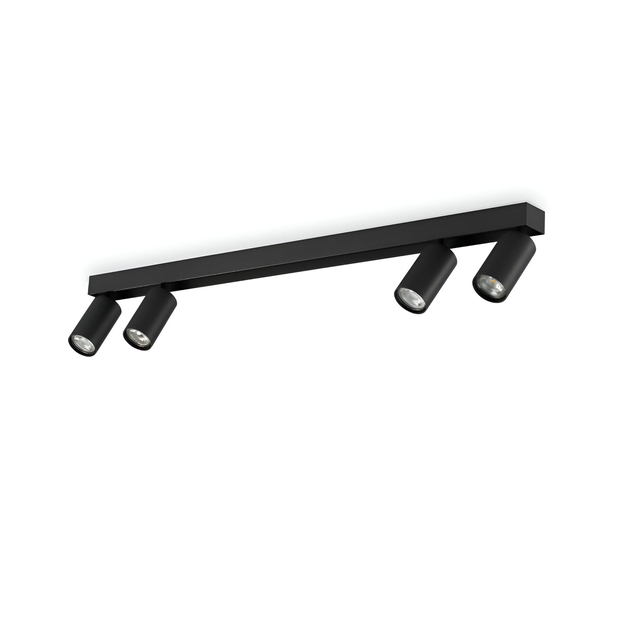 The Lumora Quad Bar Spotlight in black boasts a sleek modern design with four adjustable cylindrical lamps mounted on a straight horizontal bar. Its adaptable diffusers enhance both ambient and task lighting, making it an ideal choice for contemporary interiors.
